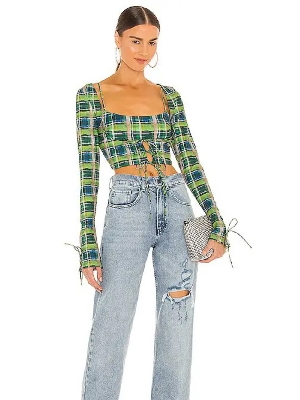 Revolve Danielle Guizio PLAID SCOOP TIE CARDIGAN & BRALETTE in Deep Green